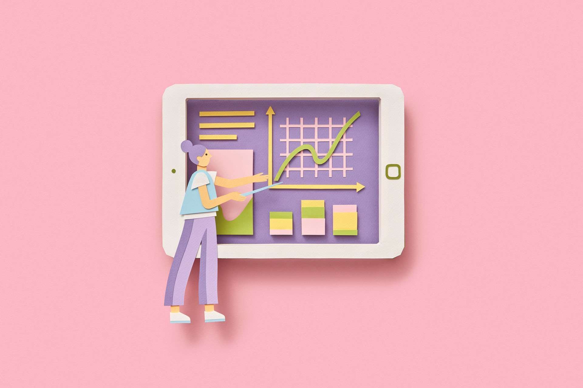 Paper cut out of a girl analysing data on an ipad