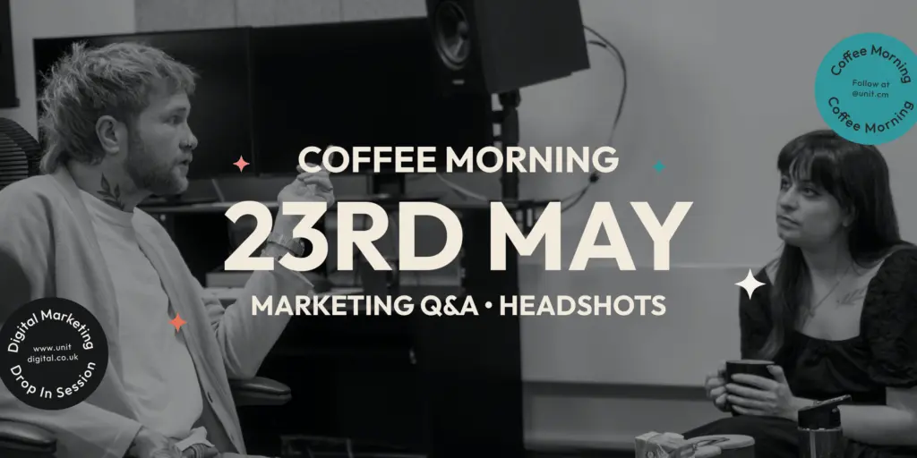 A promotional image for a "Coffee Morning" event on May 23rd, featuring a marketing Q&A and headshots, with two people engaging in conversation.